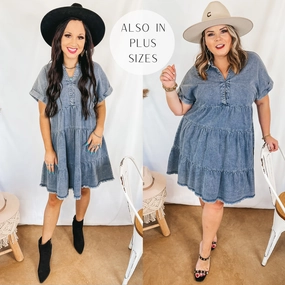 Wait List Tiered Denim Dress with Collared Neckline in Medium Wash All-Weather Wear