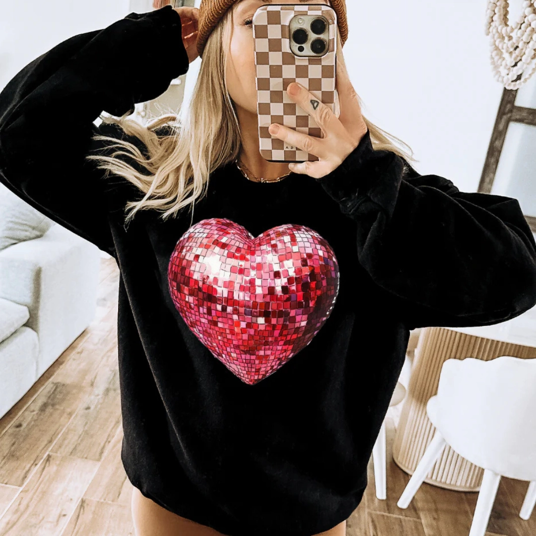 Pre Shrunk Cotton Online Exclusive | Red Disco Ball Heart Graphic Sweatshirt in Black