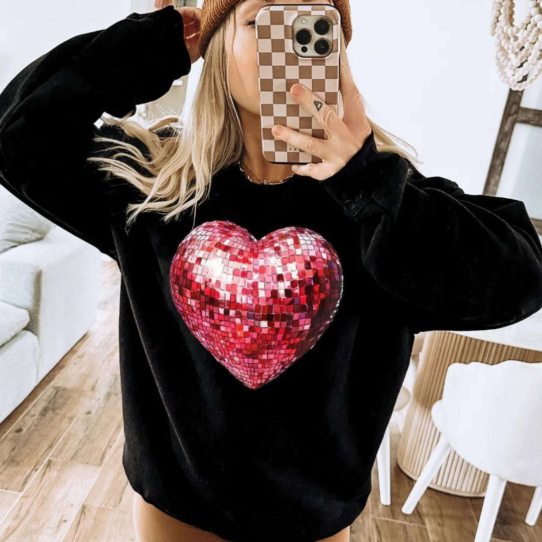 Hypoallergenic fabric Online Exclusive | Red Disco Ball Heart Graphic Sweatshirt in Black
