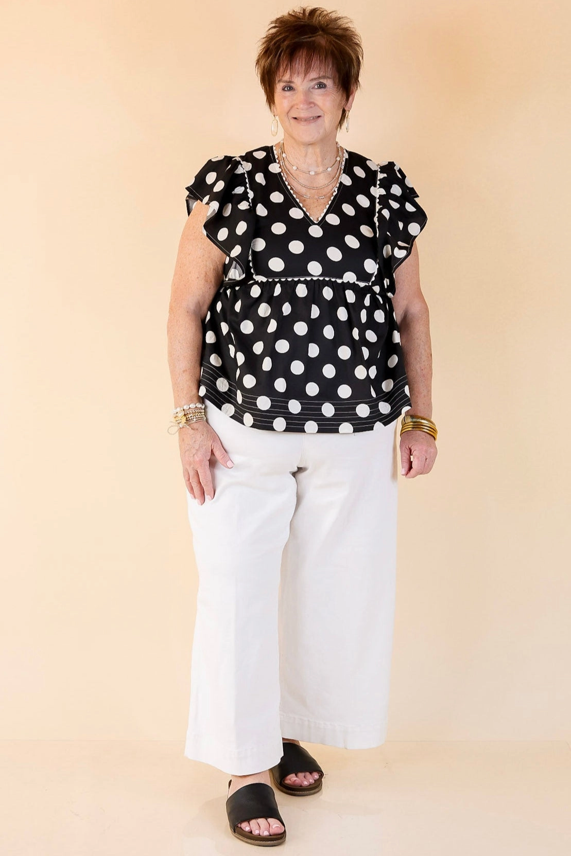 Sassy Sophistication V Neck Polka Dot Top with Ruffle Cap Sleeves in Black Lightweight Layer