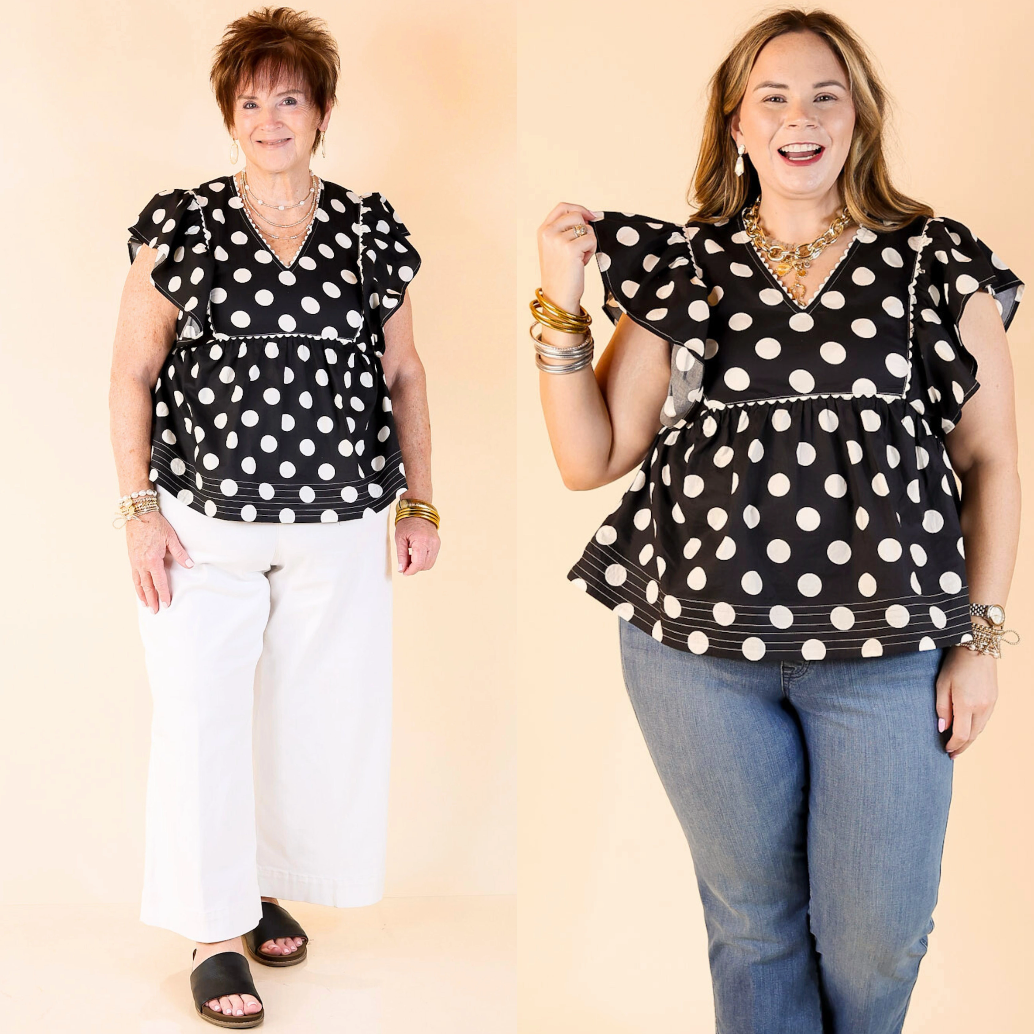 Sassy Sophistication V Neck Polka Dot Top with Ruffle Cap Sleeves in Black Affordable Fashion Metallic Finish