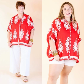 Unisex style Embroidered Logo Classic Perfection Damask Print Button Up Collared Blouse in Red