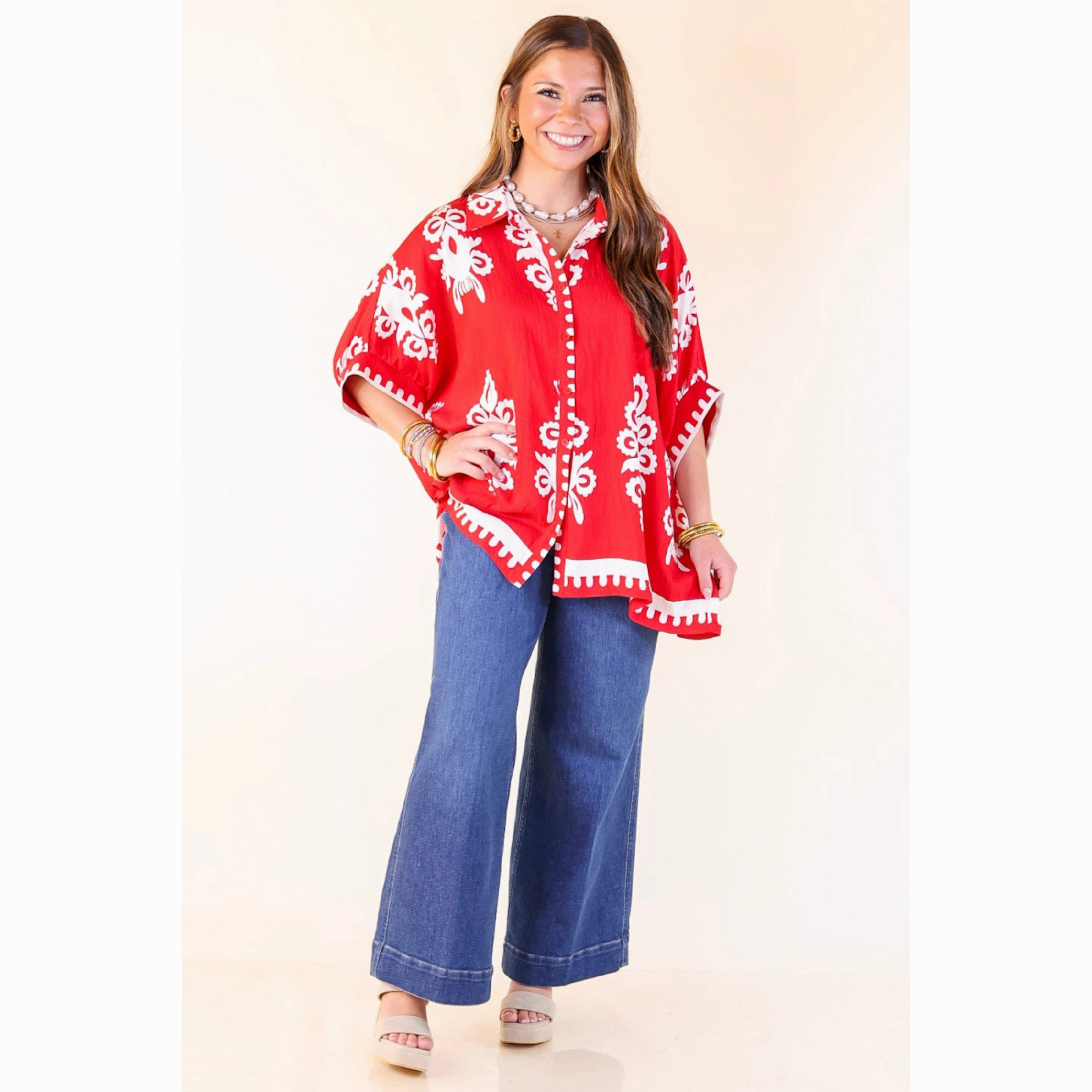 Stretchable Material Classic Perfection Damask Print Button Up Collared Blouse in Red