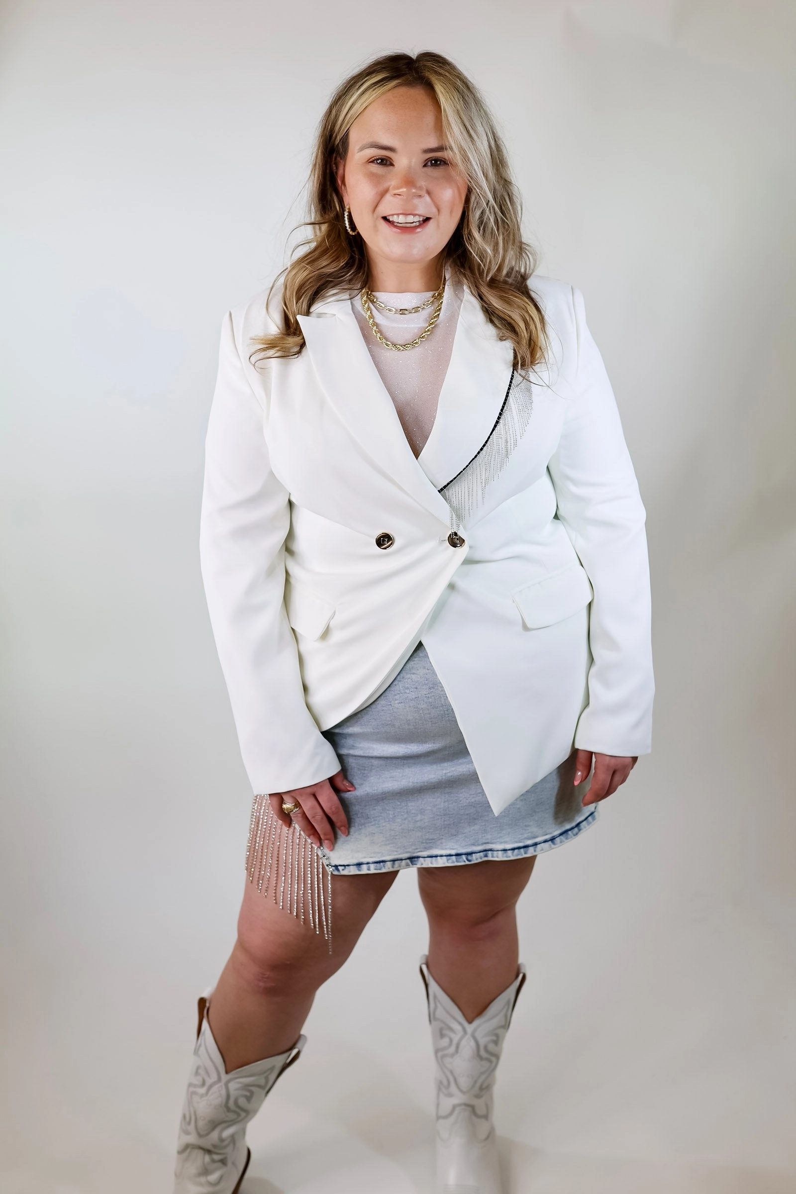 Smart Look Classic Reimagined Blazer with Silver Fringe in White