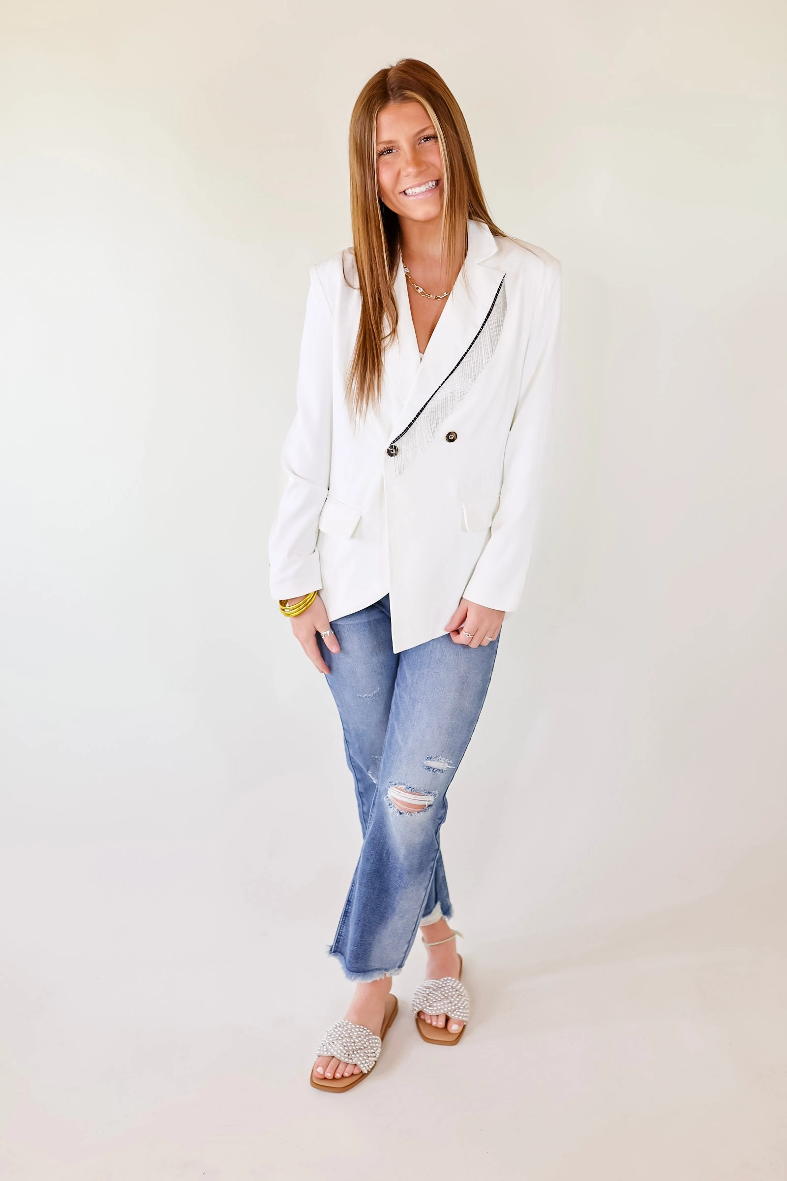 Raw Linen Classic Reimagined Blazer with Silver Fringe in White