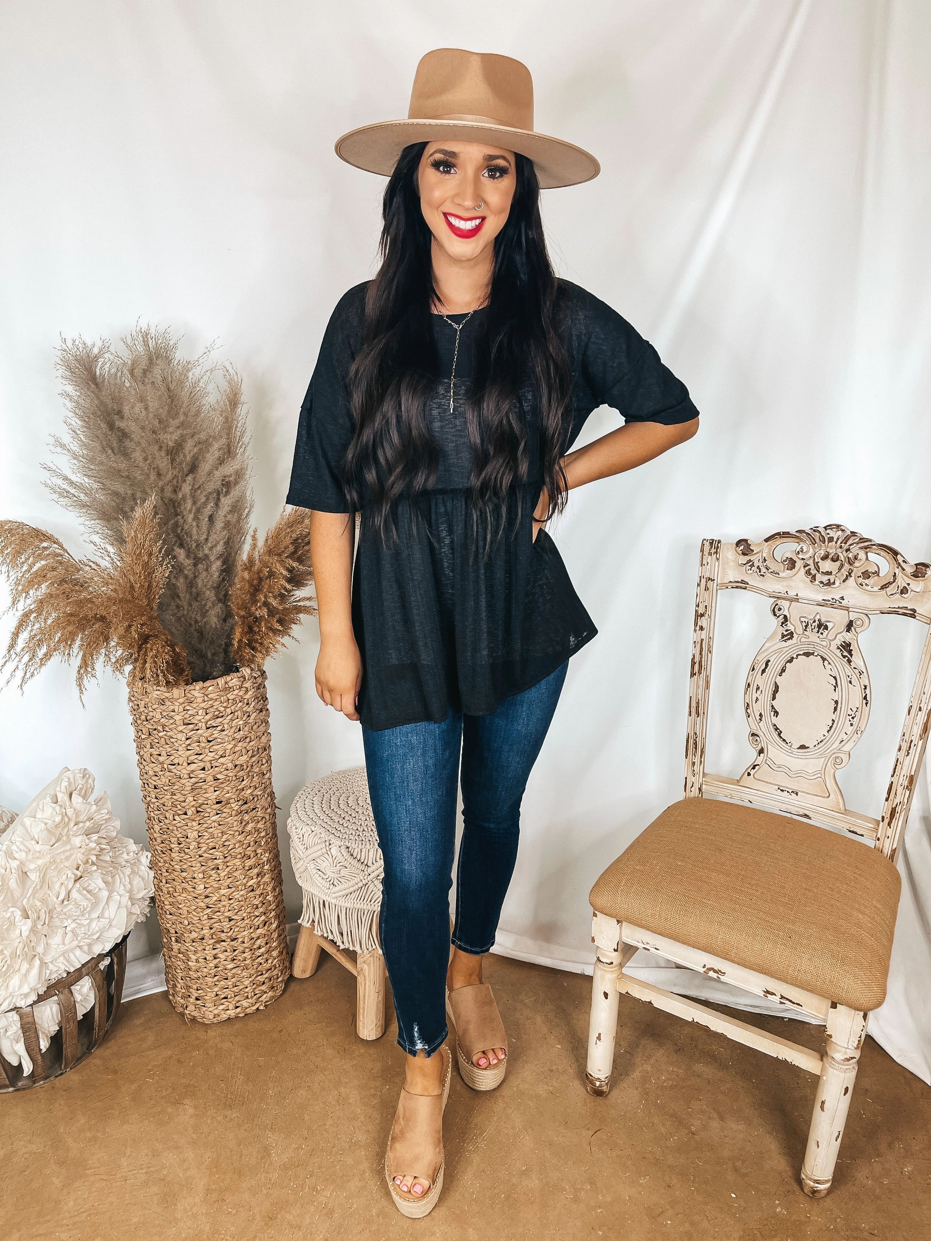 Layered Paneling Country Core Classy and Casual Short Sleeve Babydoll Top in Black