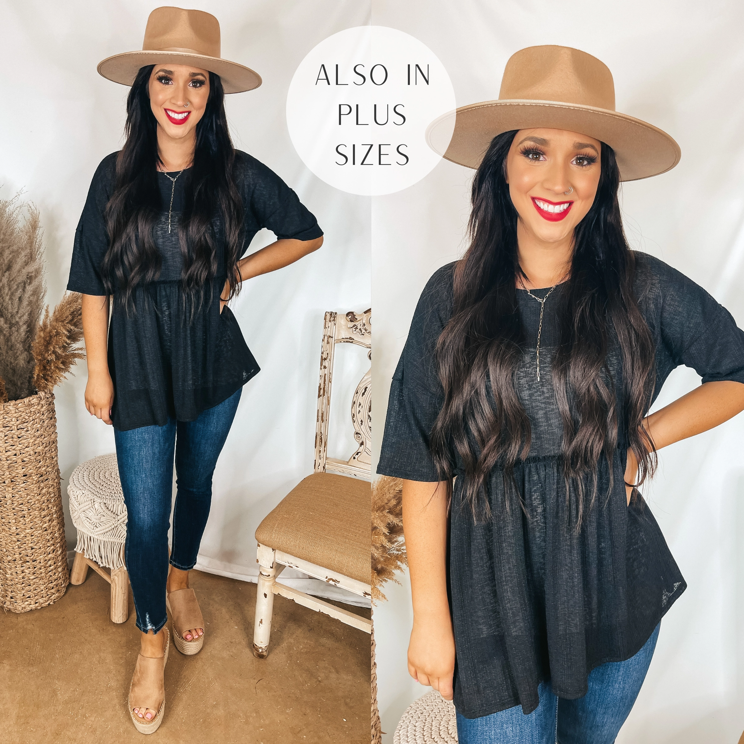 Classy and Casual Short Sleeve Babydoll Top in Black SkinFriendlyElastic
