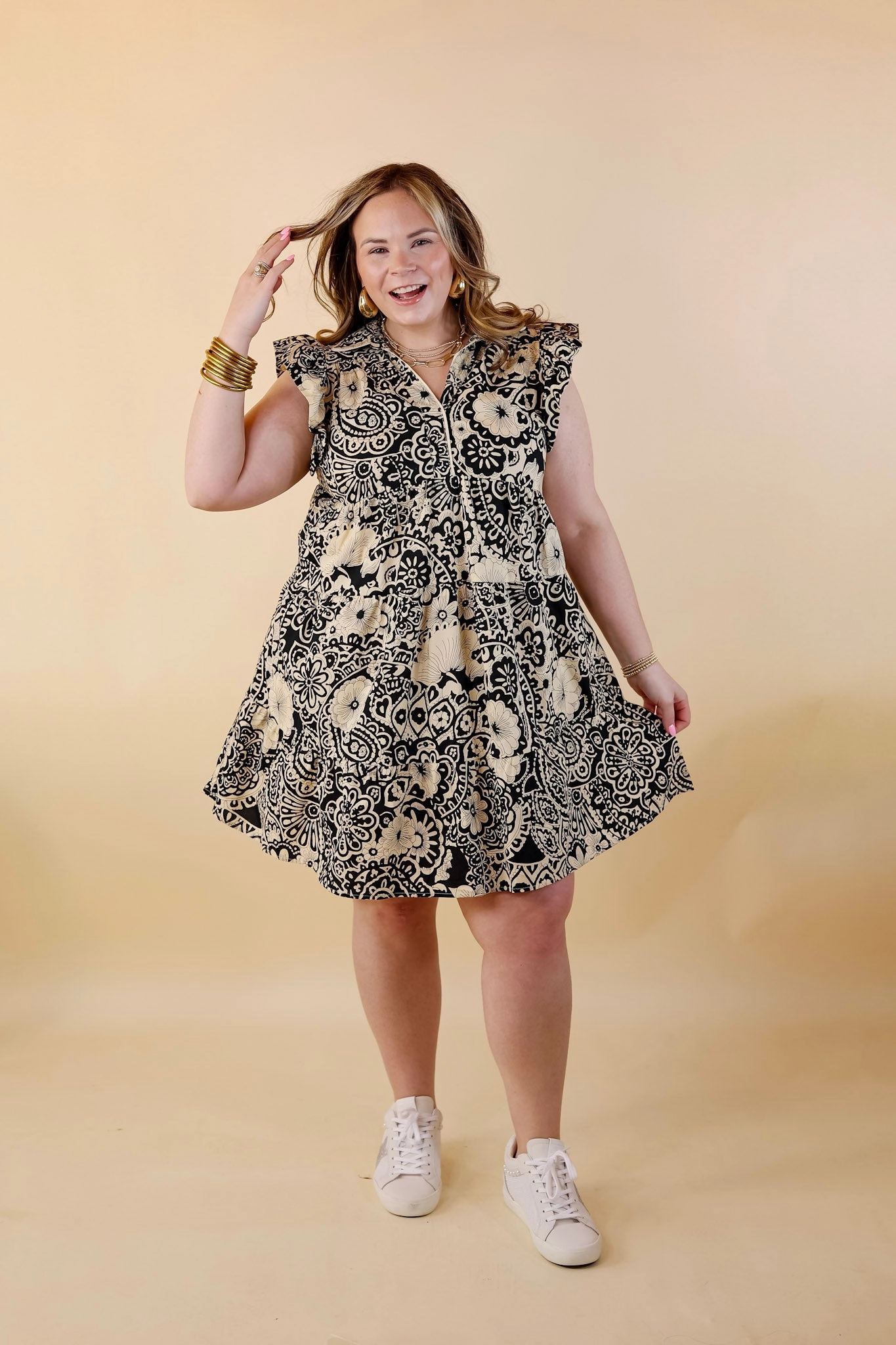 Classy Evenings Floral Print Collared Dress in Beige and Black outdoor mode