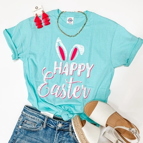 WaterResistant Coating Last Chance Size Small & 3XL | Happy Easter Bunny Ears Graphic Tee in Neon Mint