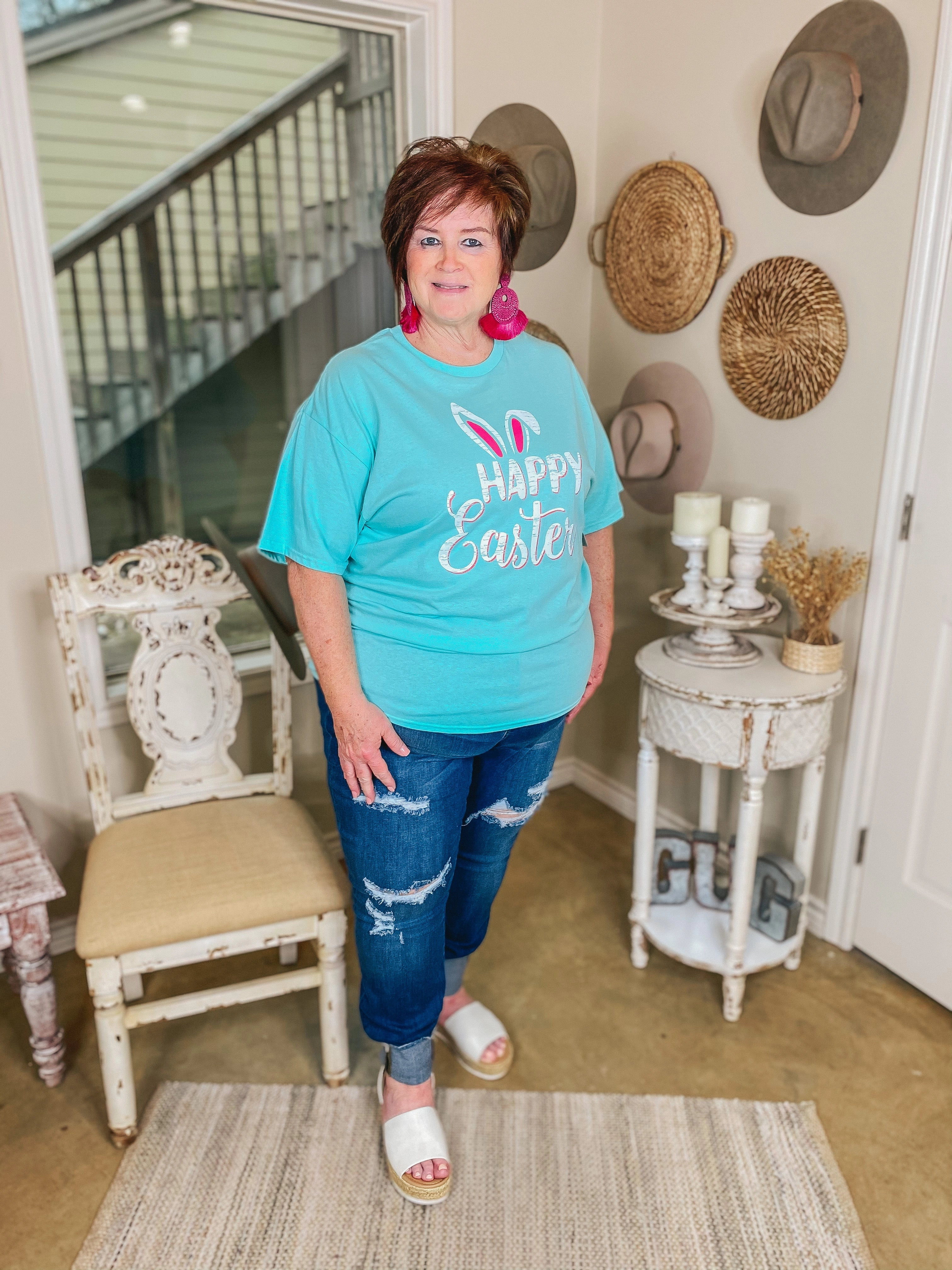 Summer Wear NonBindingCollar Last Chance Size Small & 3XL | Happy Easter Bunny Ears Graphic Tee in Neon Mint