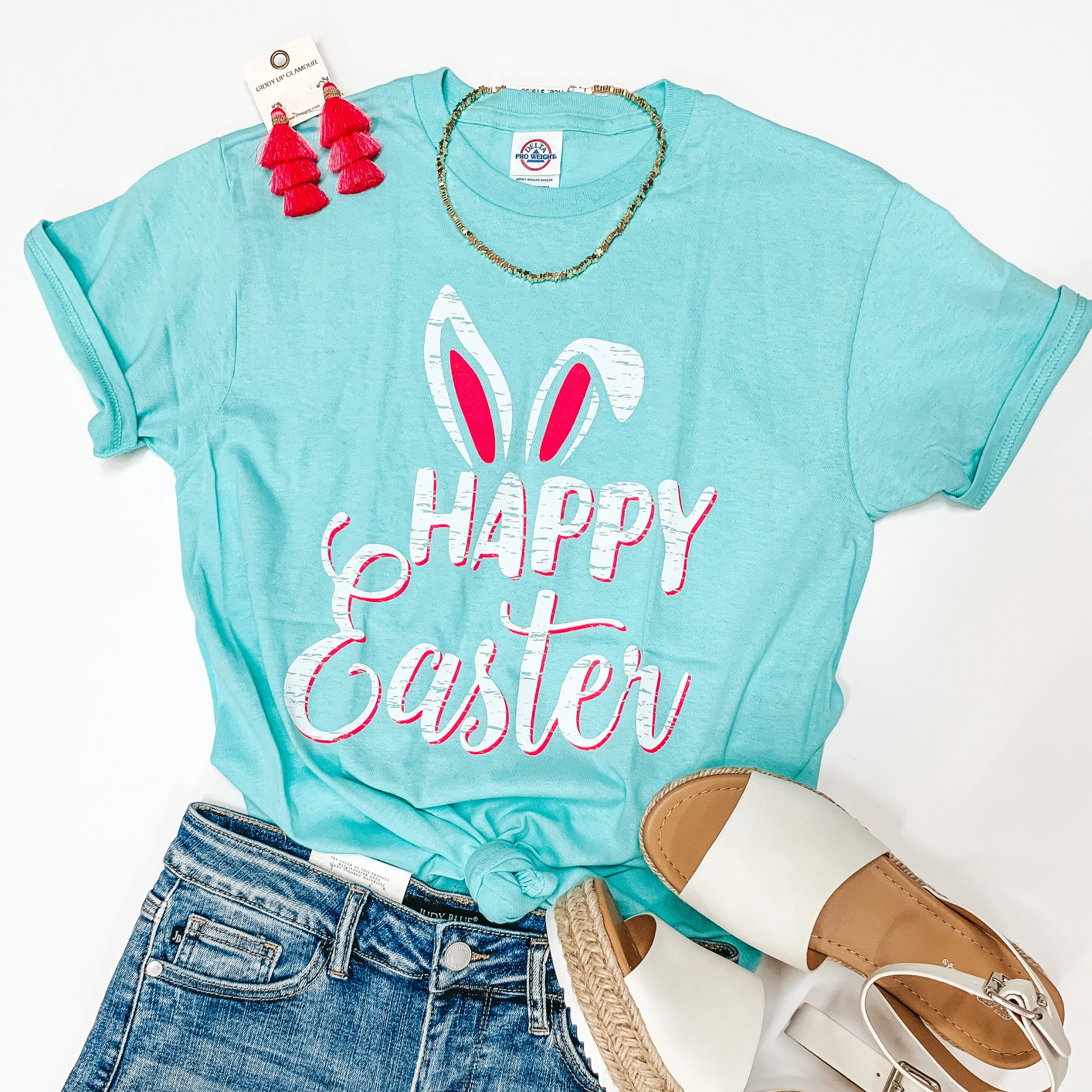 WaterResistant Coating Last Chance Size Small & 3XL | Happy Easter Bunny Ears Graphic Tee in Neon Mint