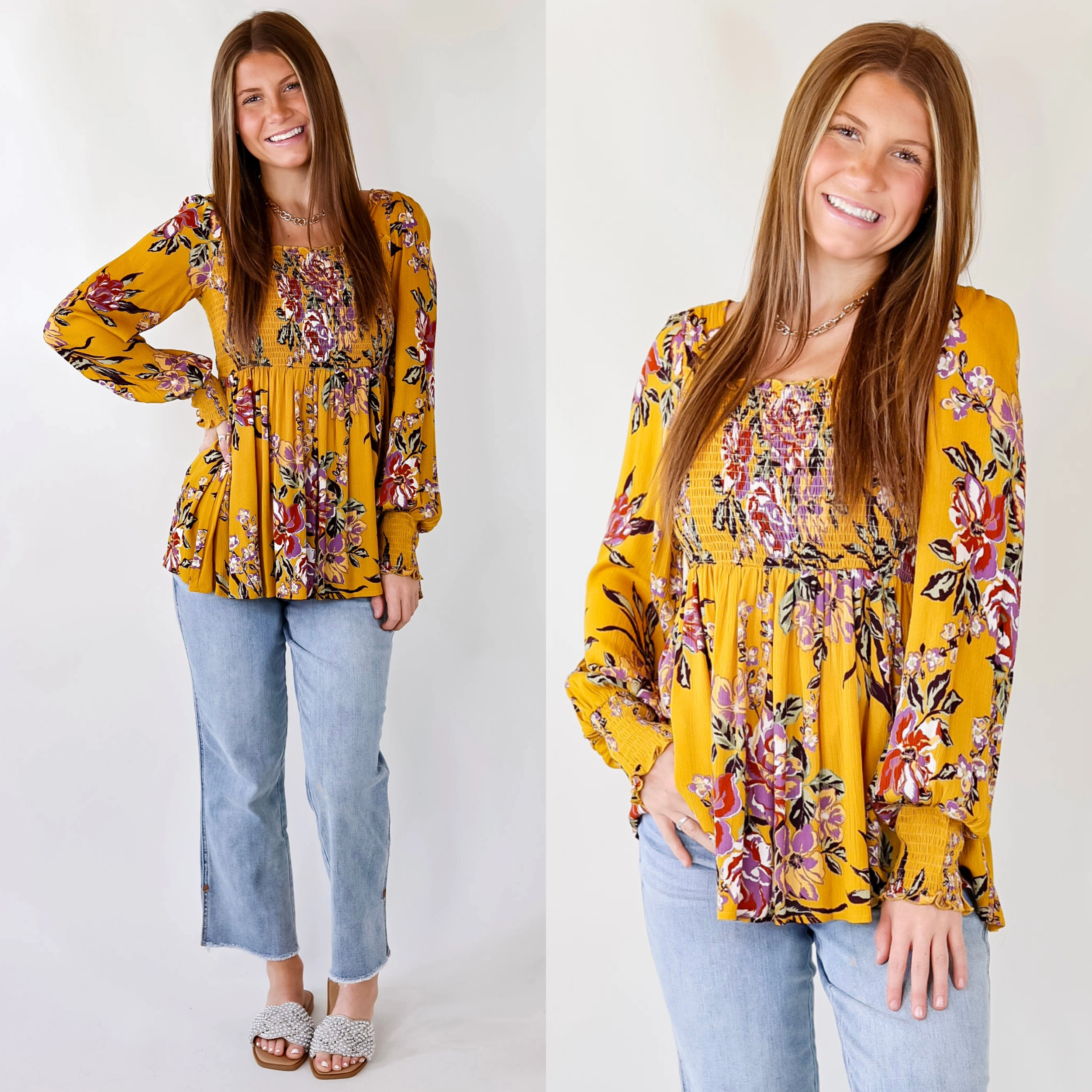 Last Chance Size Small and Medium | Fairfield Feeling Floral Smocked Babydoll Top with Long Sleeves in Mustard Yellow Bonded Seam Construction Snag Free Fabric