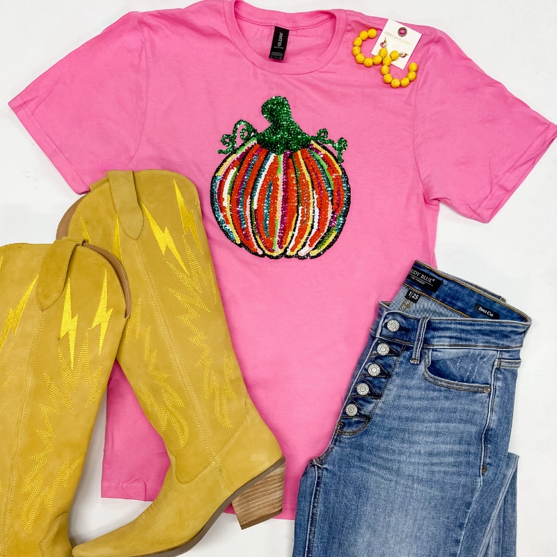 fresh start The Great and Colorful Pumpkin Sequin Patch Short Sleeve Graphic Tee in Pink