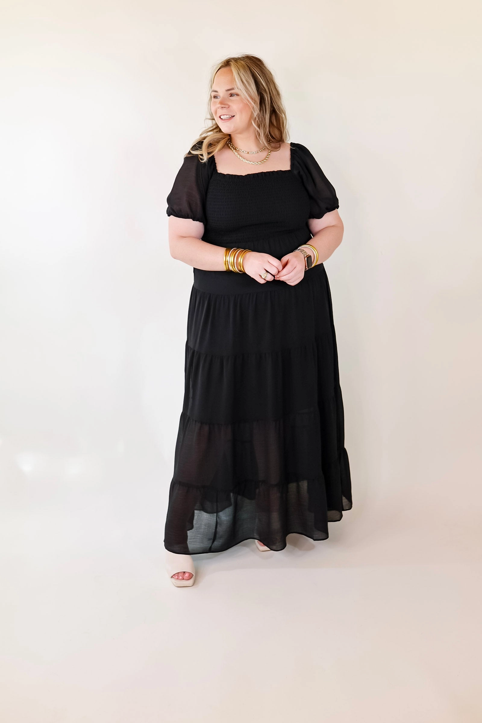 New Yorker AbrasiveReinforcedZones Honeysuckle Love Tiered Maxi Dress with Smocked Bodice in Black