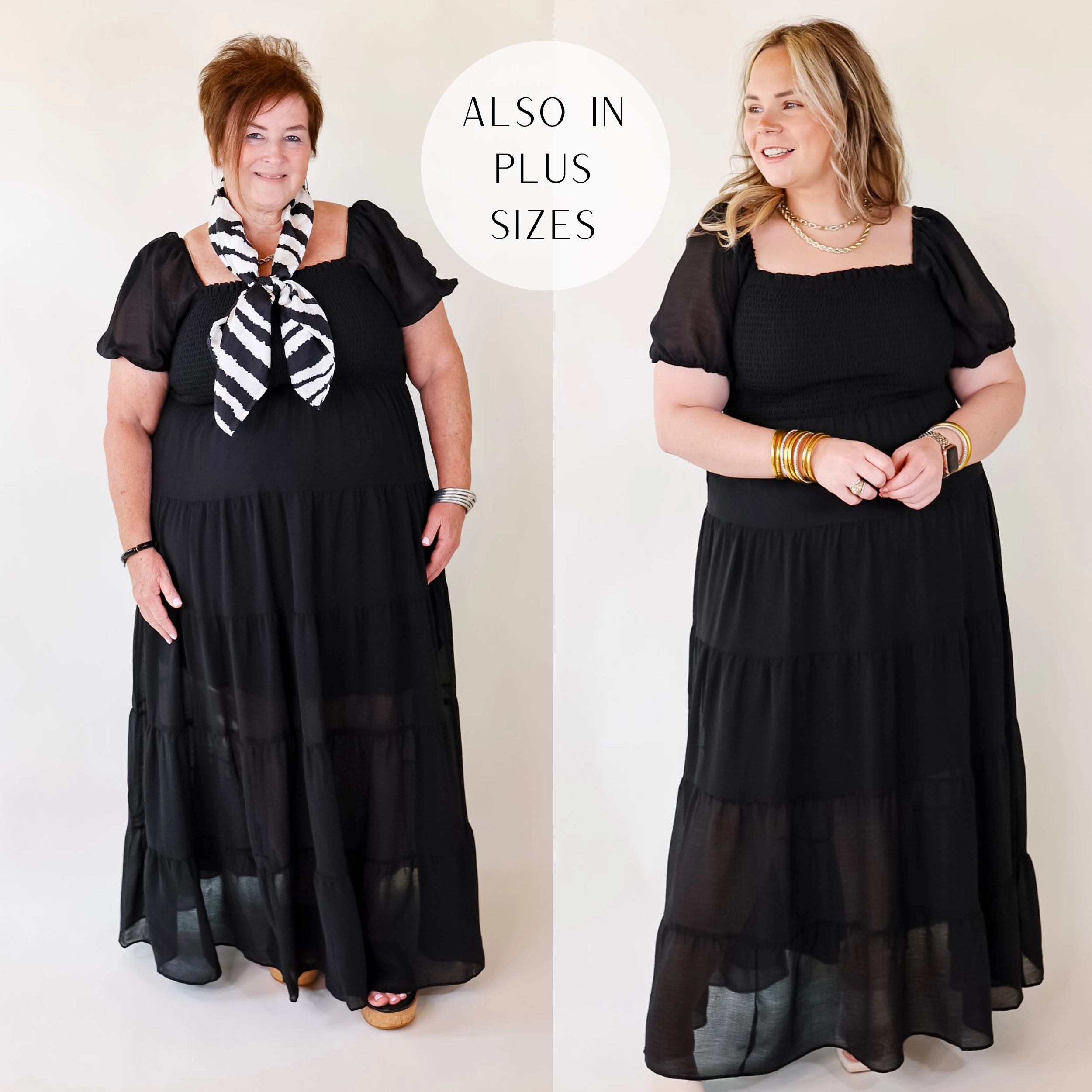 NoSlipWaistband Honeysuckle Love Tiered Maxi Dress with Smocked Bodice in Black