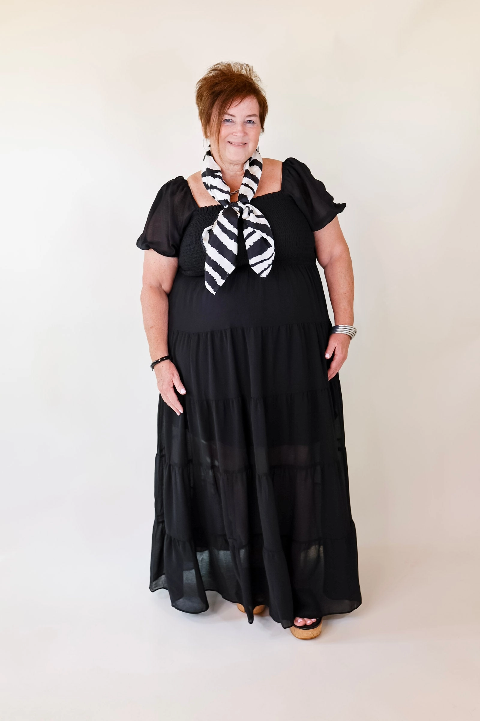 StretchPaneling Honeysuckle Love Tiered Maxi Dress with Smocked Bodice in Black