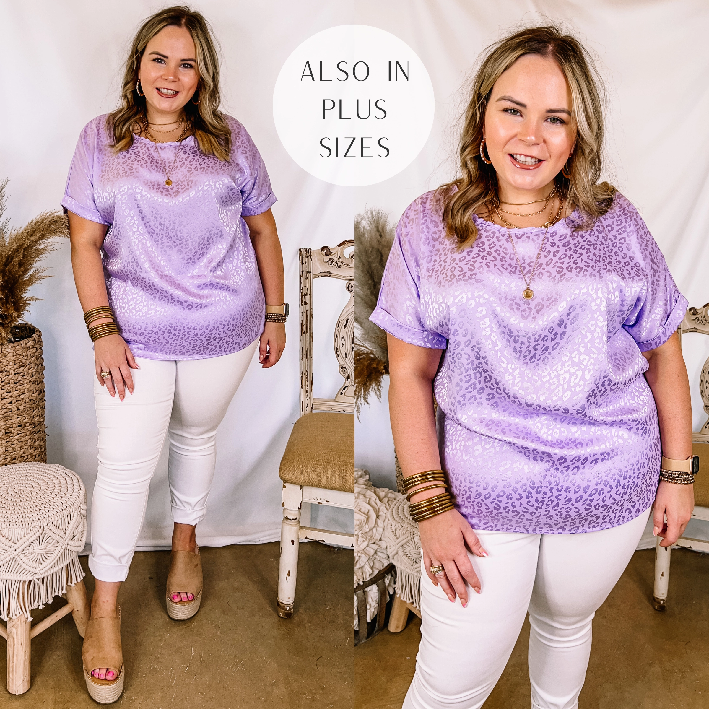 FlexibleNeckline Weather Ready Last Chance Size 2XL | Complete Awe Short Sleeve Satin Leopard Print Top in Lavender