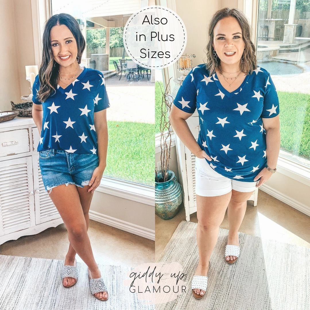 Basic Wear Heroine Glow Last Chance Size Small | Keep Things Simple Star Print V Neck Tee in Navy