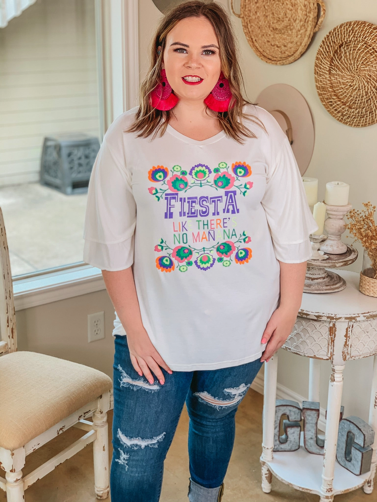 Fiesta Like There's No Ma?ana Ruffle Half Sleeve Top in Ivory Cozy Pajama Pants