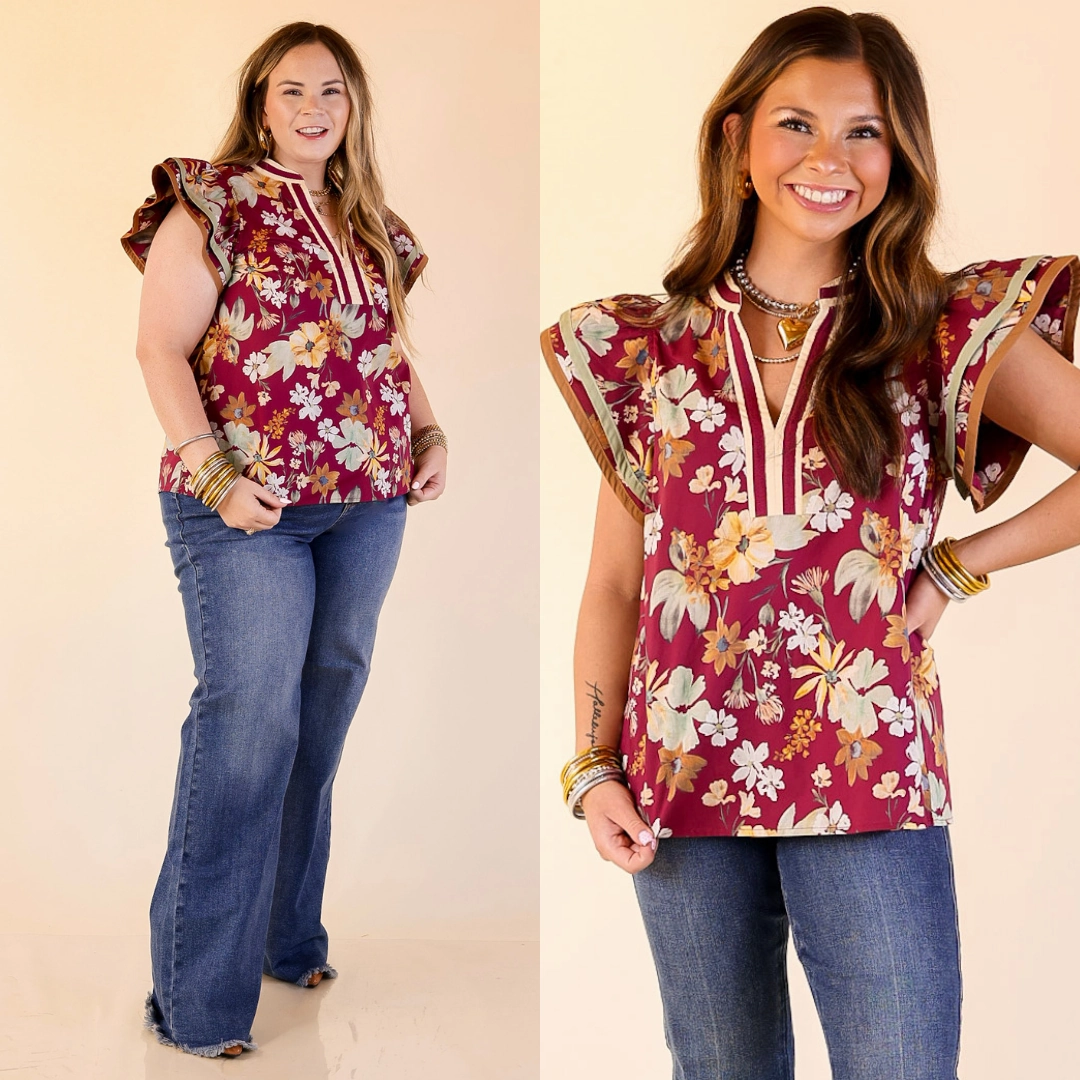 Fresh Perspective V Neck Floral Top with Ruffle Cap Sleeves in Maroon Compact TravelFriendly Design NoiseReduciting Zipper