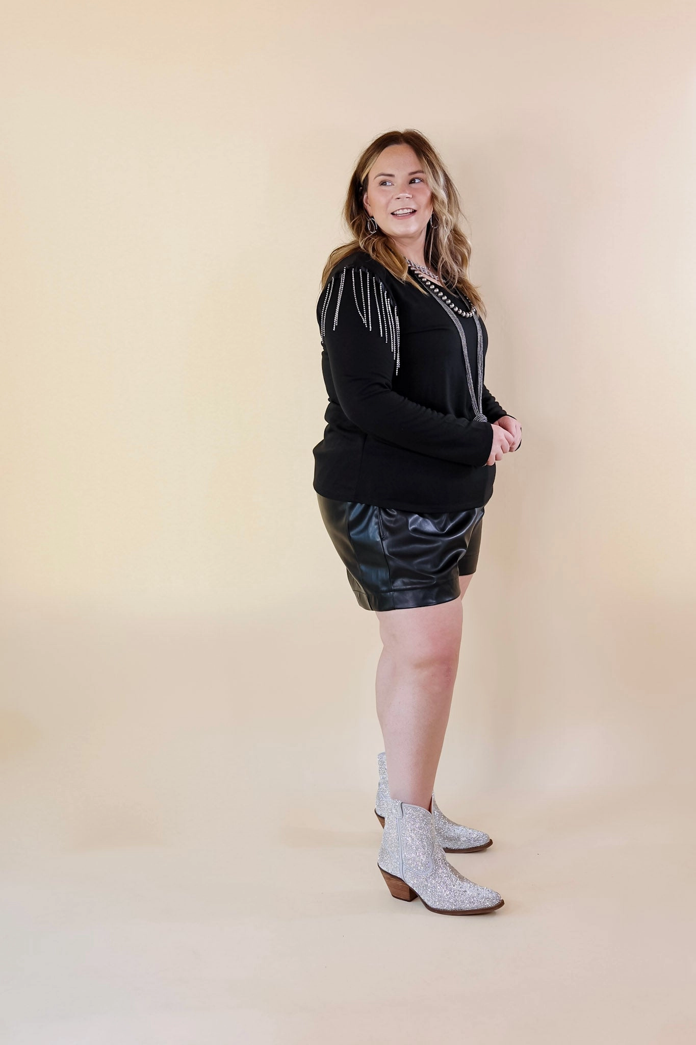 HighCollared Design WindproofInterior Party Dreams Long Sleeve V Neck Top with Crystal Fringe Shoulders in Black