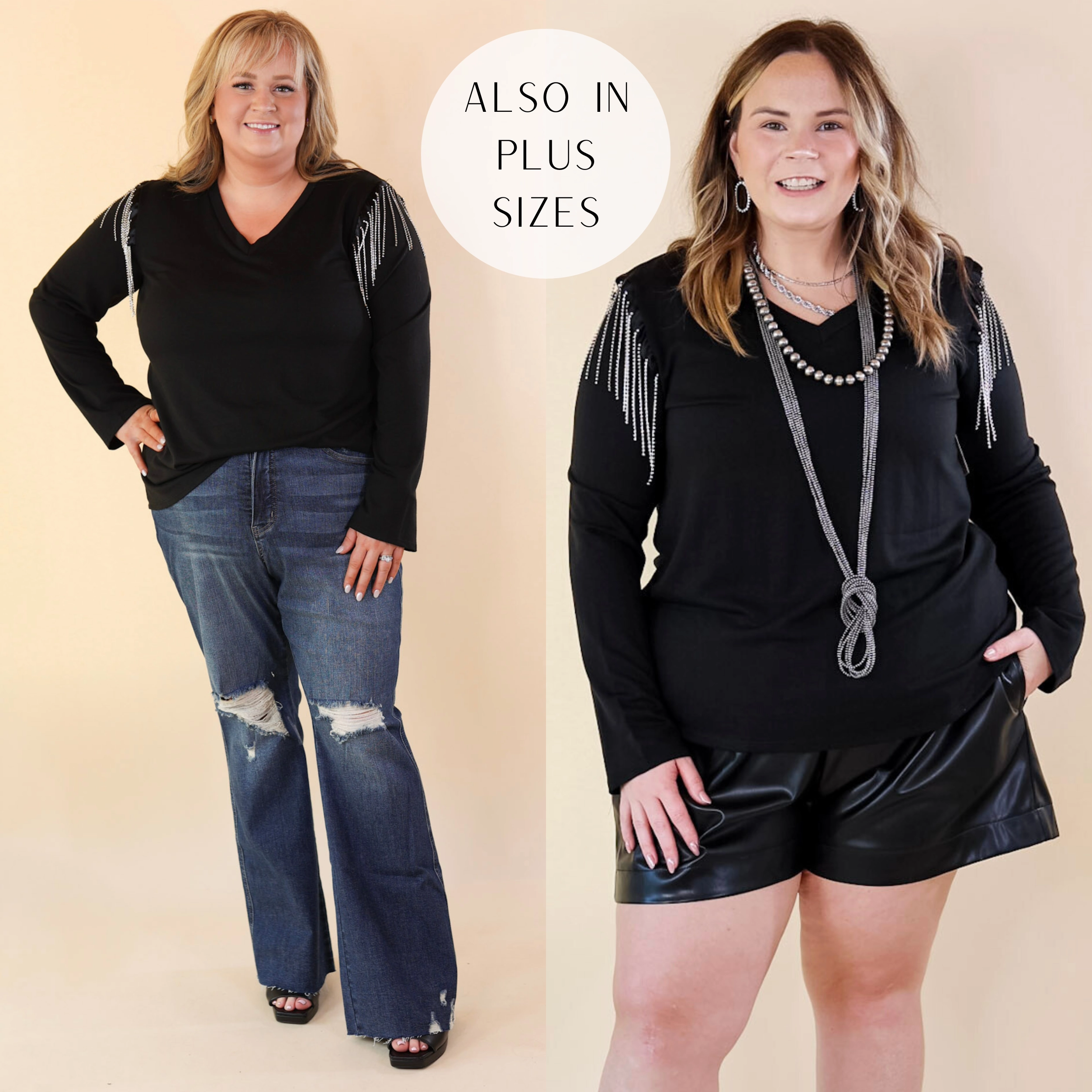 Party Dreams Long Sleeve V Neck Top with Crystal Fringe Shoulders in Black Wool Fit Love Glow