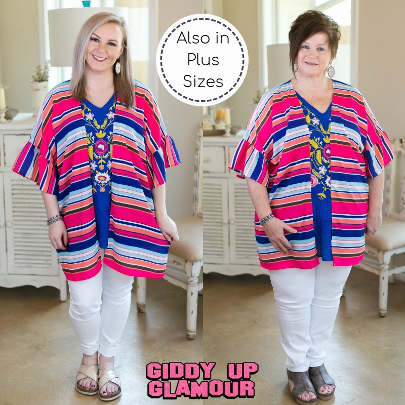 Last Chance Size Small | Over The Line Stripe Print Kimono with Ruffle Sleeves in Royal Blue & Hot Pink Street Fest