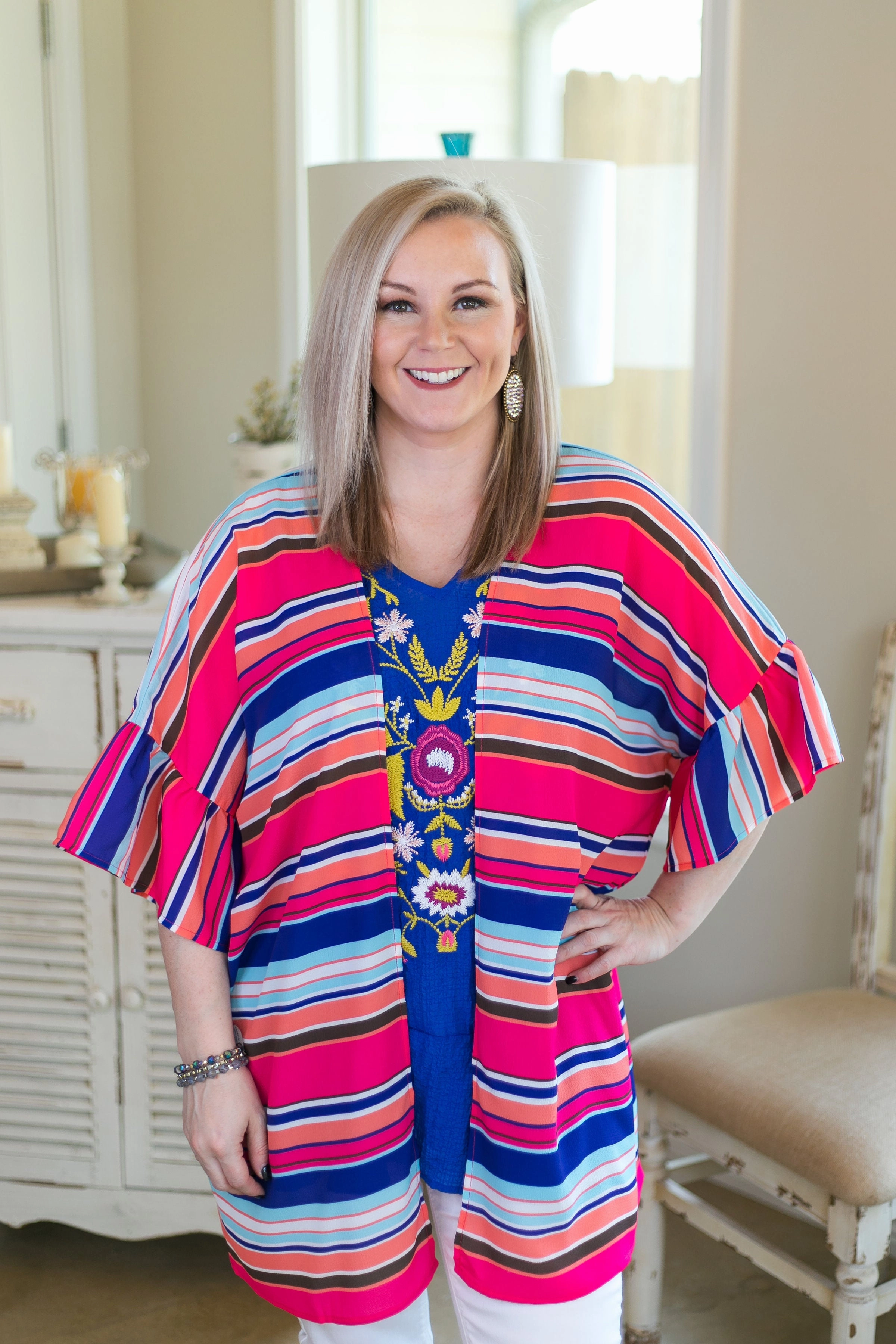 NonChafingEdges Love Energy Last Chance Size Small | Over The Line Stripe Print Kimono with Ruffle Sleeves in Royal Blue & Hot Pink