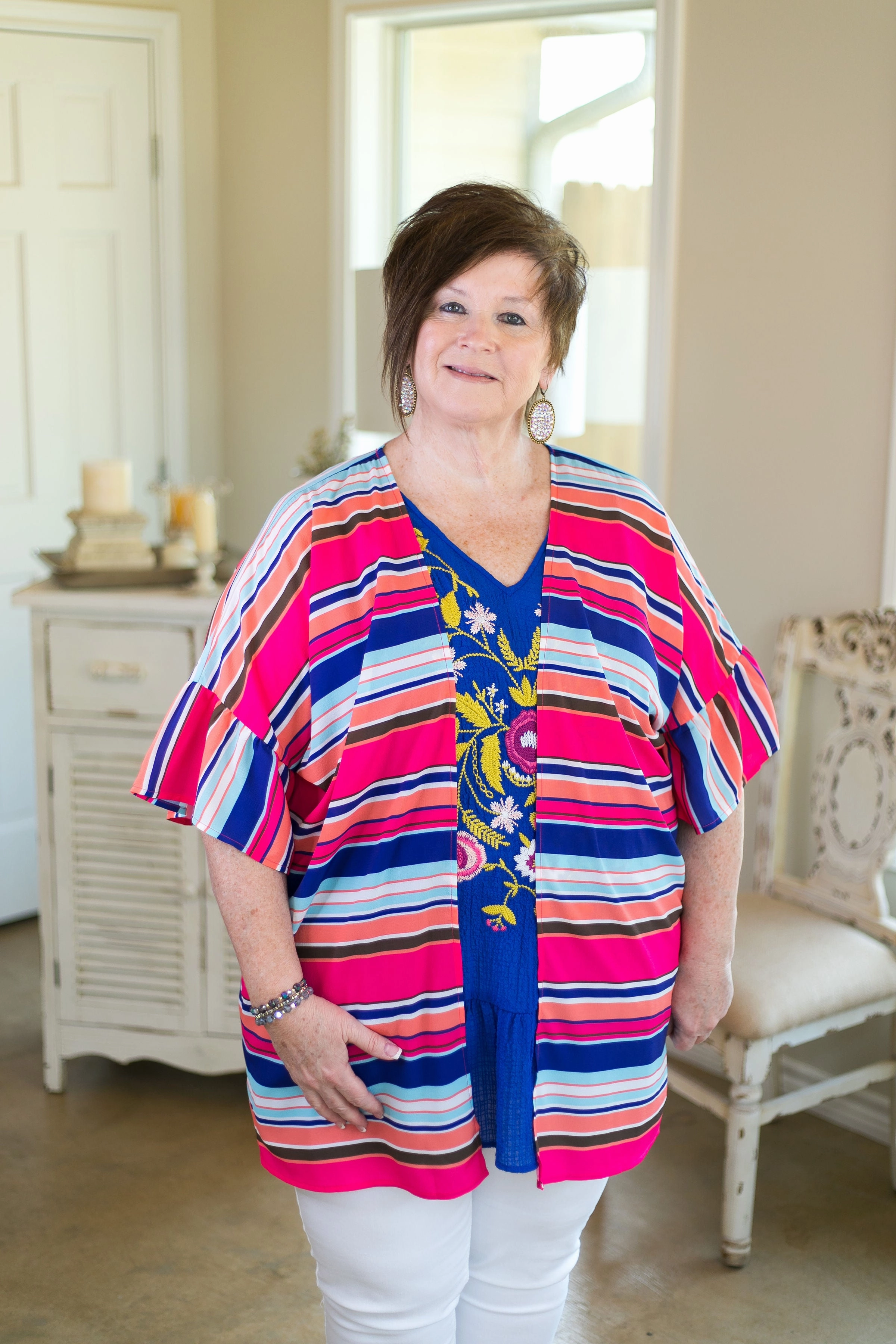 Last Chance Size Small | Over The Line Stripe Print Kimono with Ruffle Sleeves in Royal Blue & Hot Pink All-Day Fit Tale Core