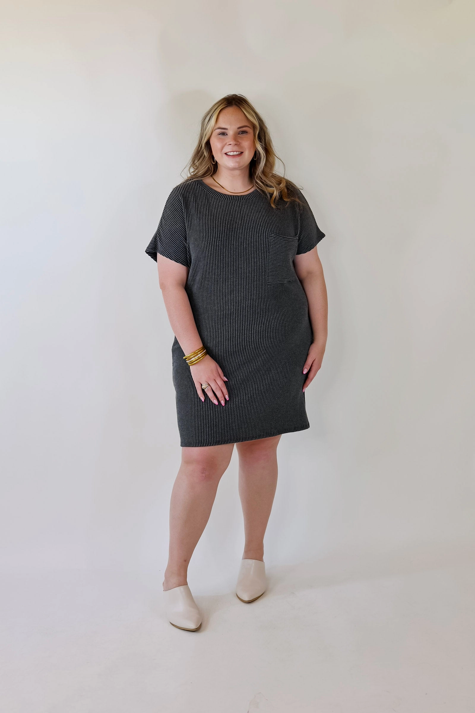 Coffee and Carefree Ribbed Short Sleeve Dress with Front Pocket in Charcoal Reflective Safety Accents HypoallergenicTextile