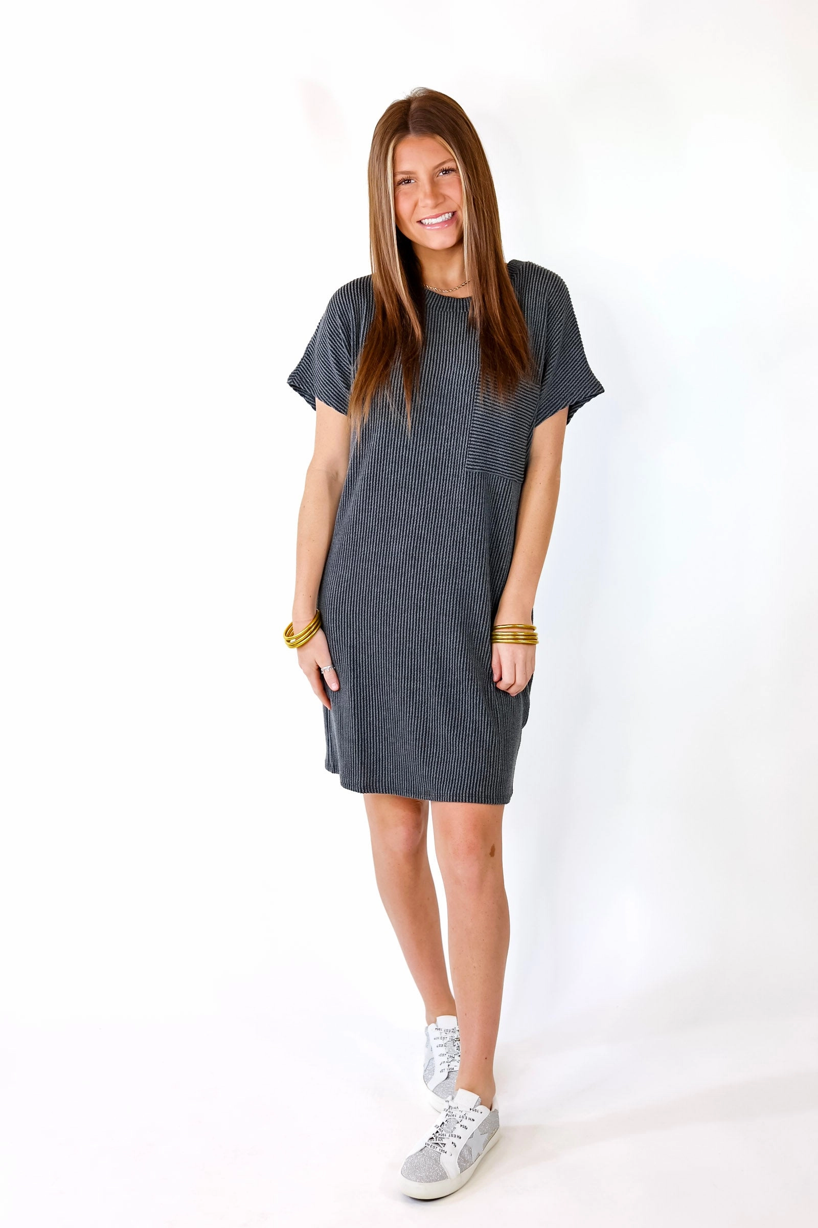 Coffee and Carefree Ribbed Short Sleeve Dress with Front Pocket in Charcoal Adjustable Drawcord