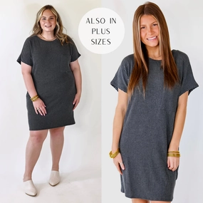Coffee and Carefree Ribbed Short Sleeve Dress with Front Pocket in Charcoal China Cool Matte Fit