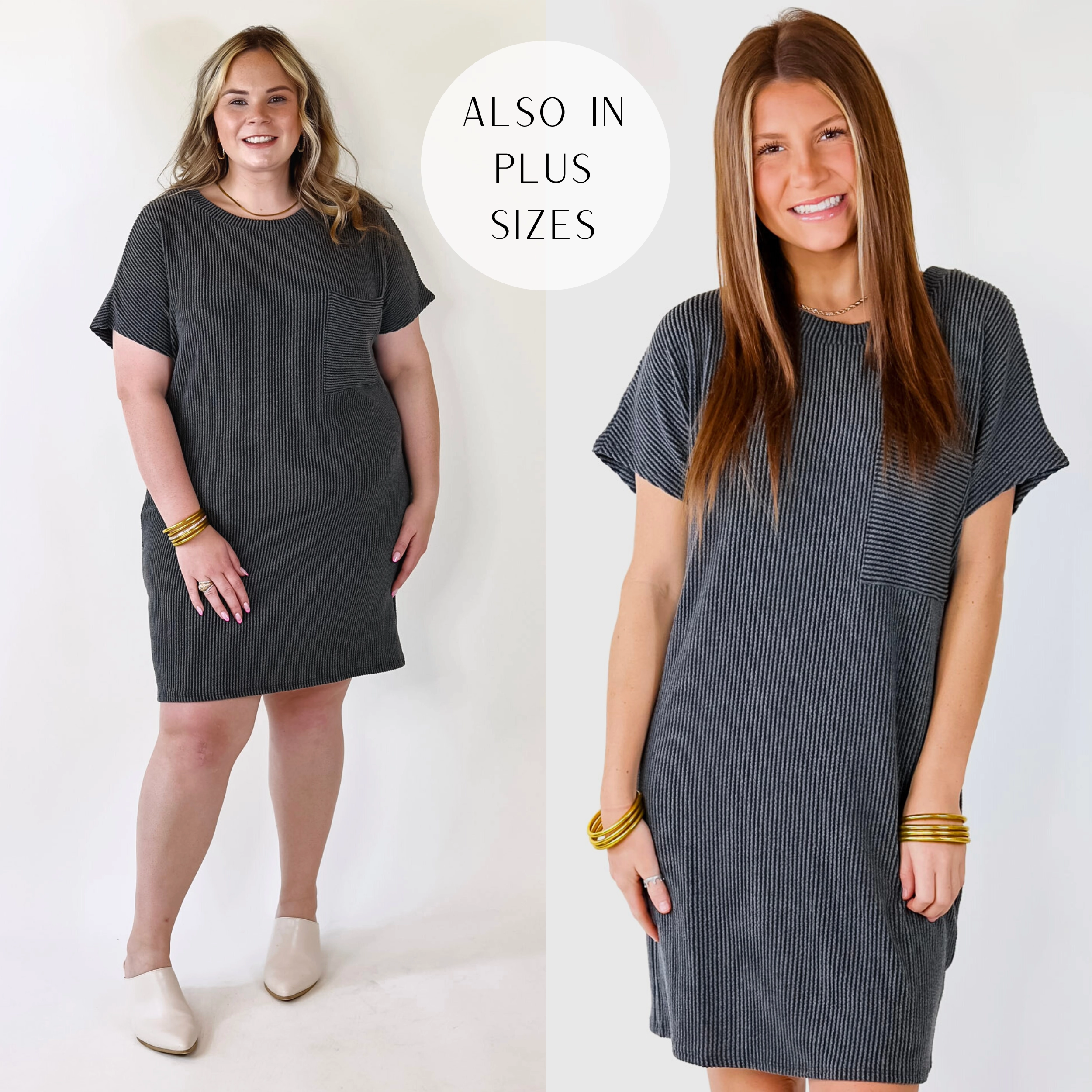 Coffee and Carefree Ribbed Short Sleeve Dress with Front Pocket in Charcoal China Cool Matte Fit