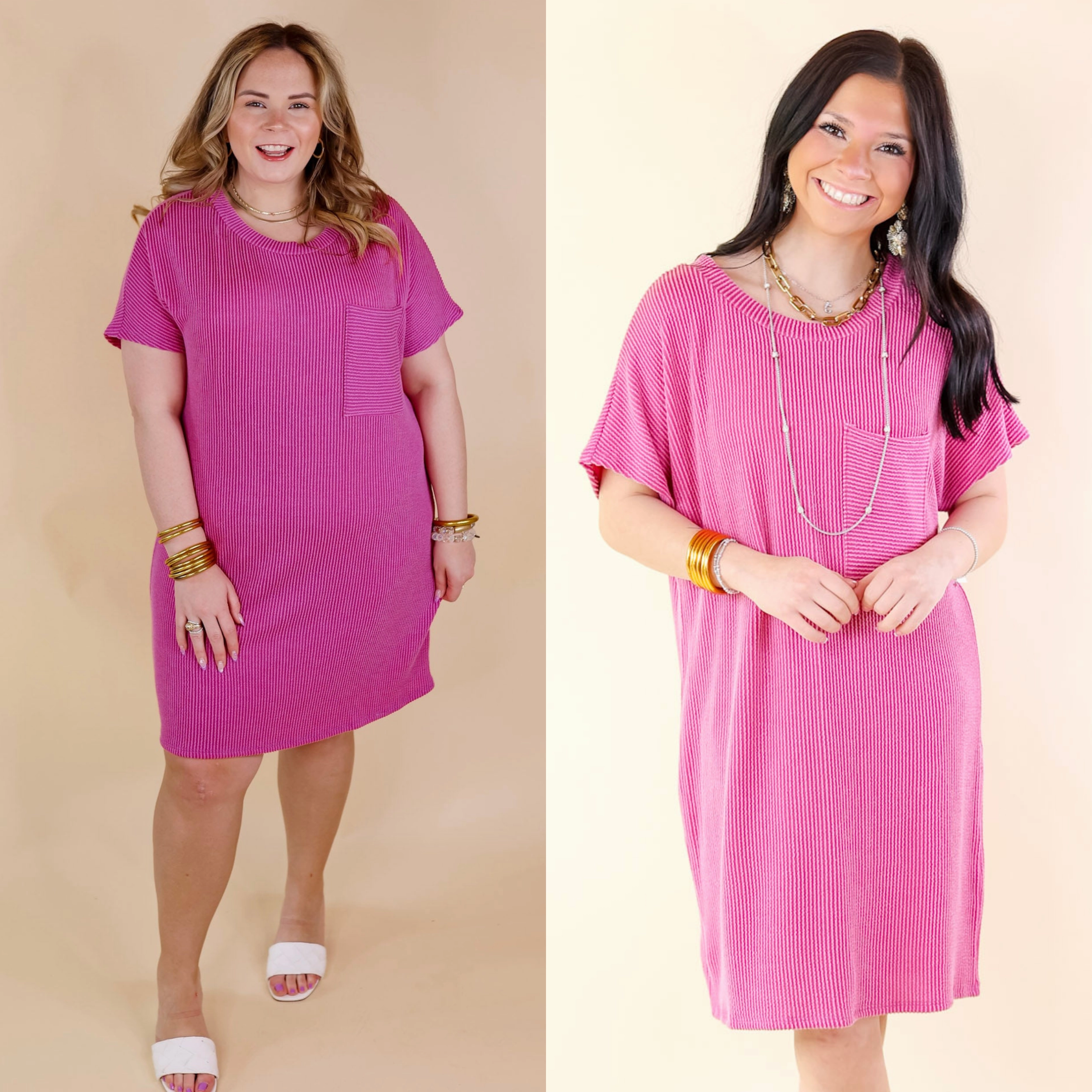 Coffee and Carefree Ribbed Short Sleeve Dress with Front Pocket in Magenta Purple Downtown Cool