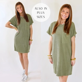 OdorResistant Material Coffee and Carefree Ribbed Short Sleeve Dress with Front Pocket in Olive Green