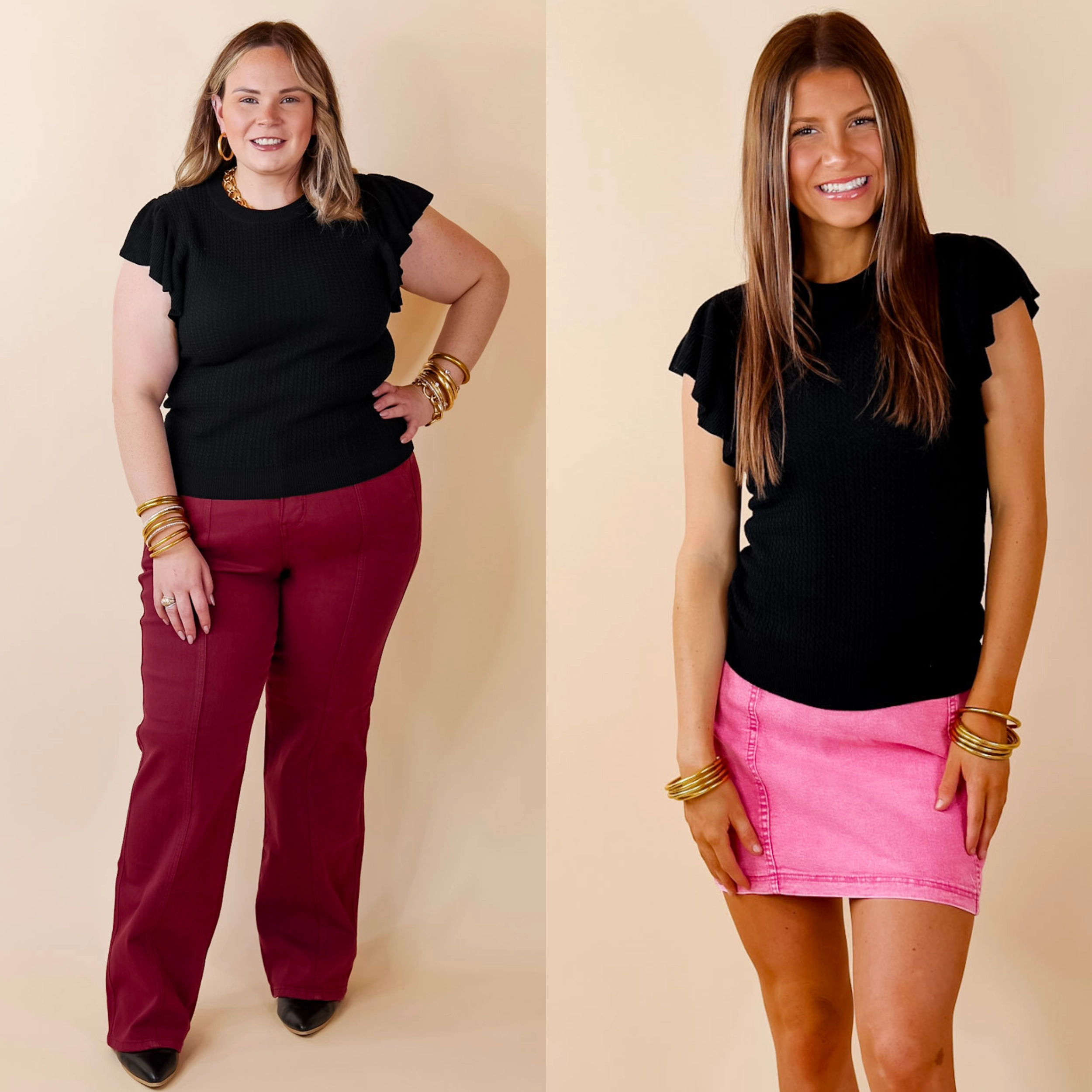 Repair Fit Coffee Date Knit Top With Ruffled Sleeves in Black