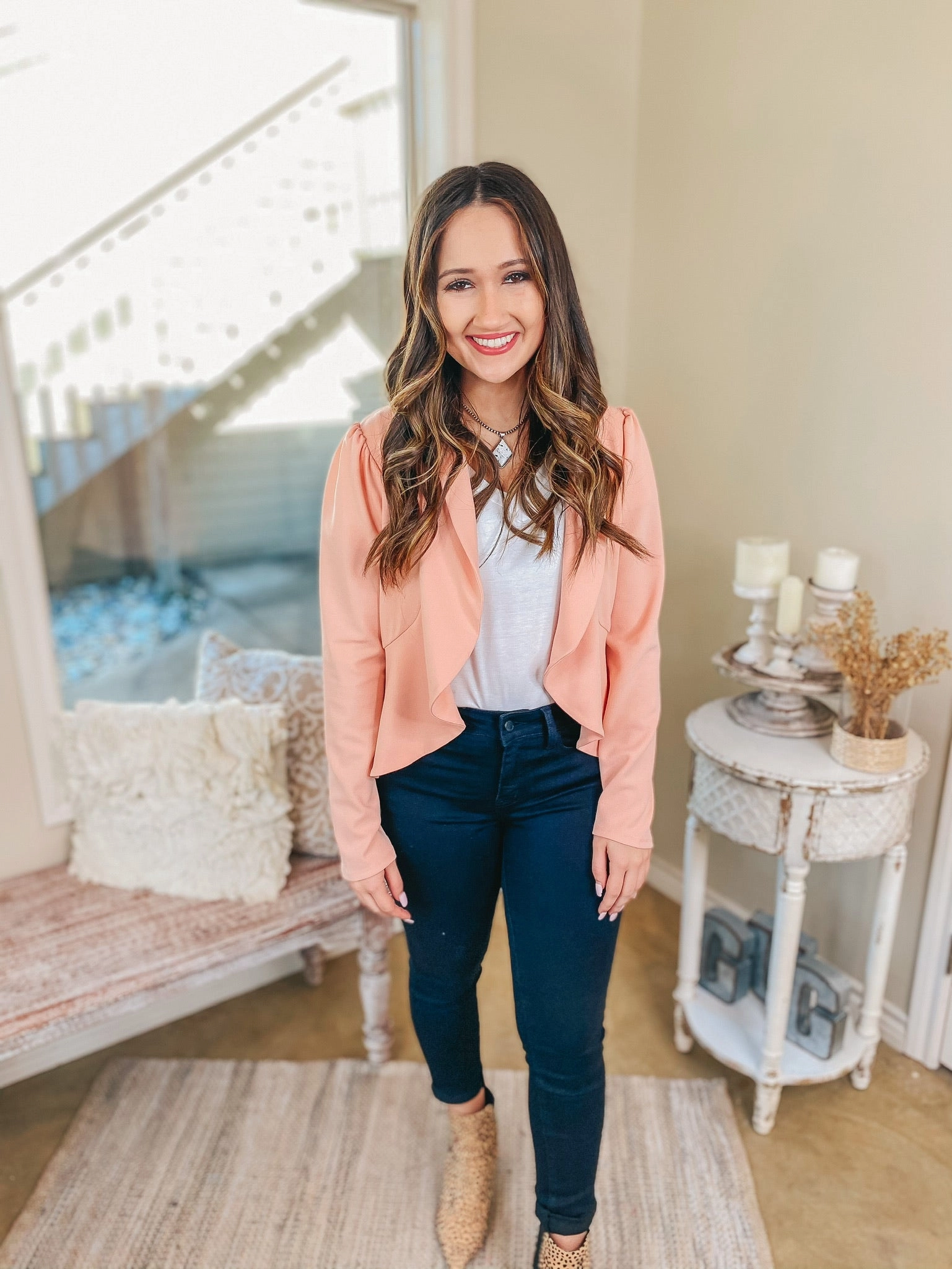 Unique Cut Coffee Please Open Front Long Sleeve Peplum Blazer in Peach Pink