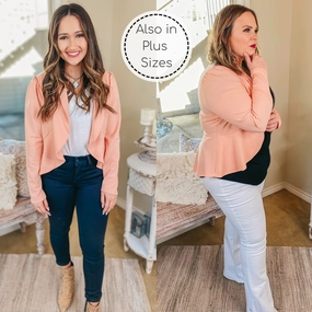 Coffee Please Open Front Long Sleeve Peplum Blazer in Peach Pink Trans Glow