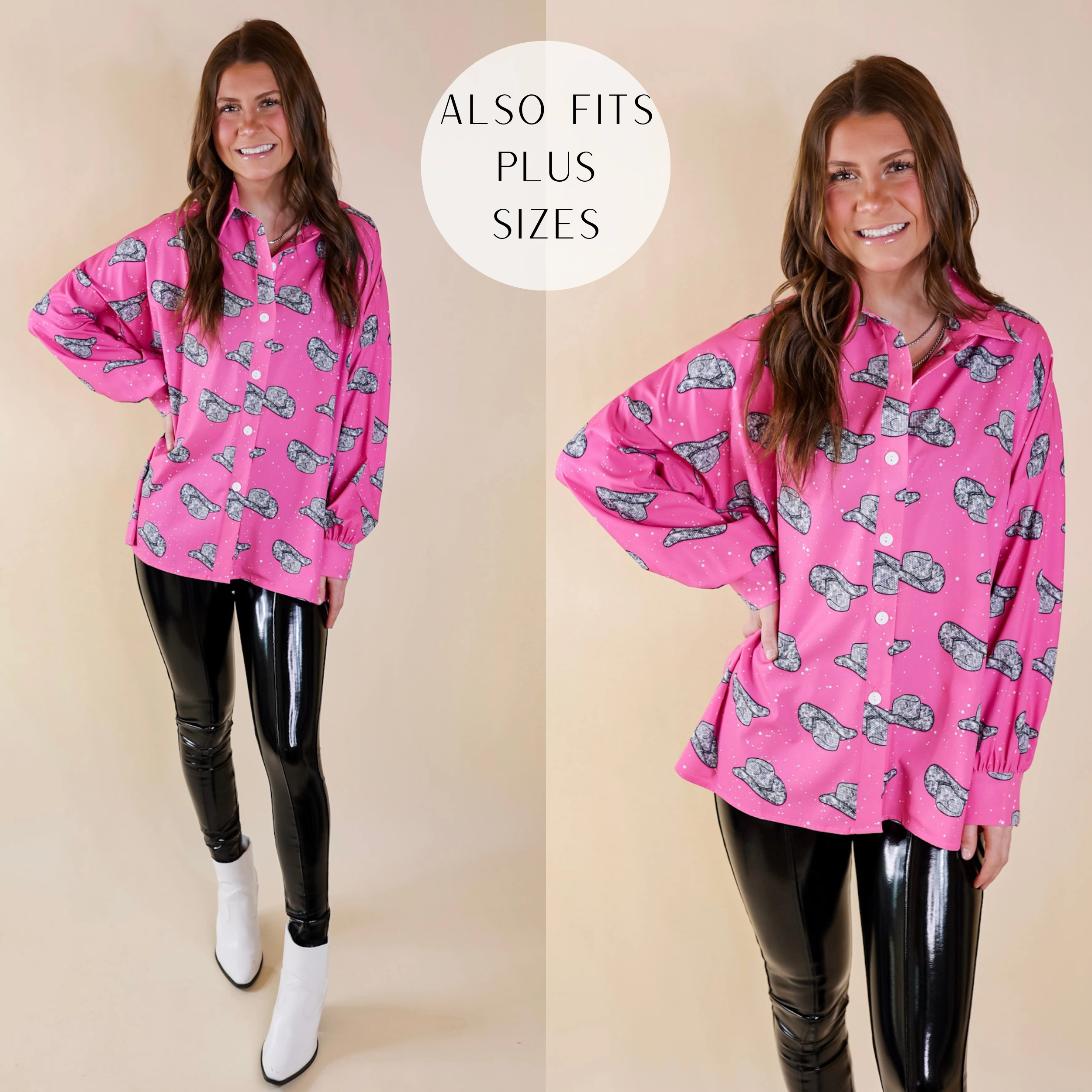 Comfort sleepwear Opaque Tone The Cowgirl Way Button Up Disco Cowboy Hat Print Top in Pink