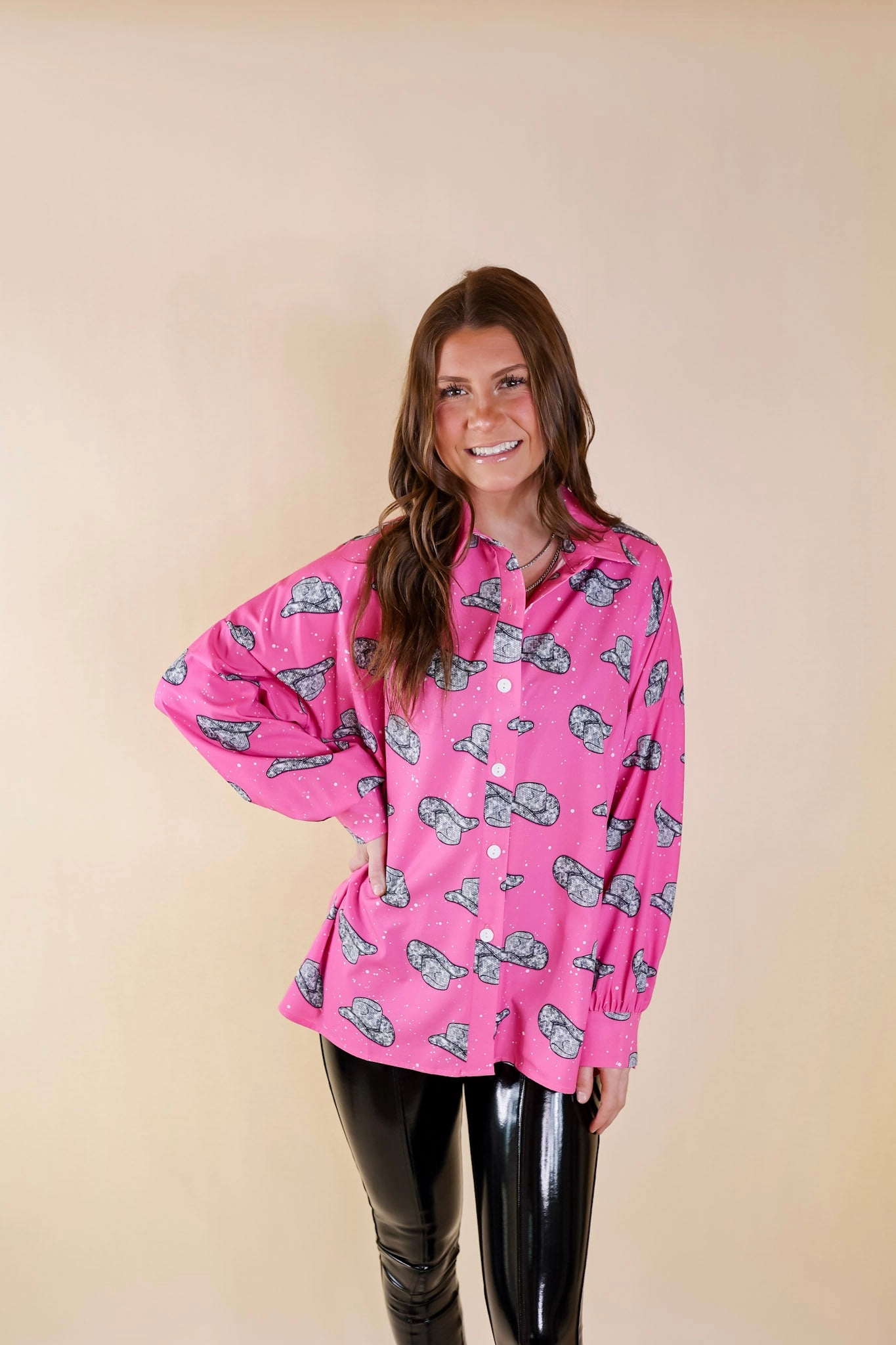 The Cowgirl Way Button Up Disco Cowboy Hat Print Top in Pink WrinkleResistantFabric