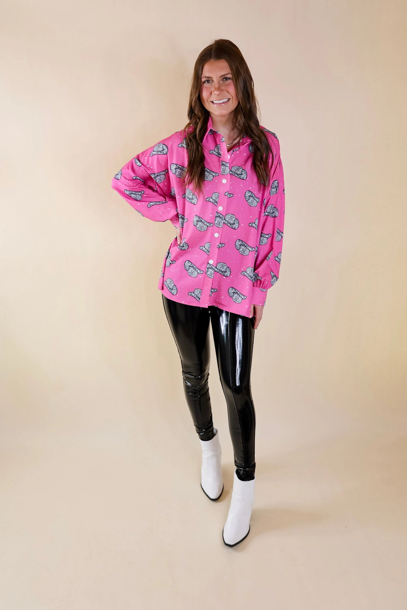 The Cowgirl Way Button Up Disco Cowboy Hat Print Top in Pink Comfortable Hoodie