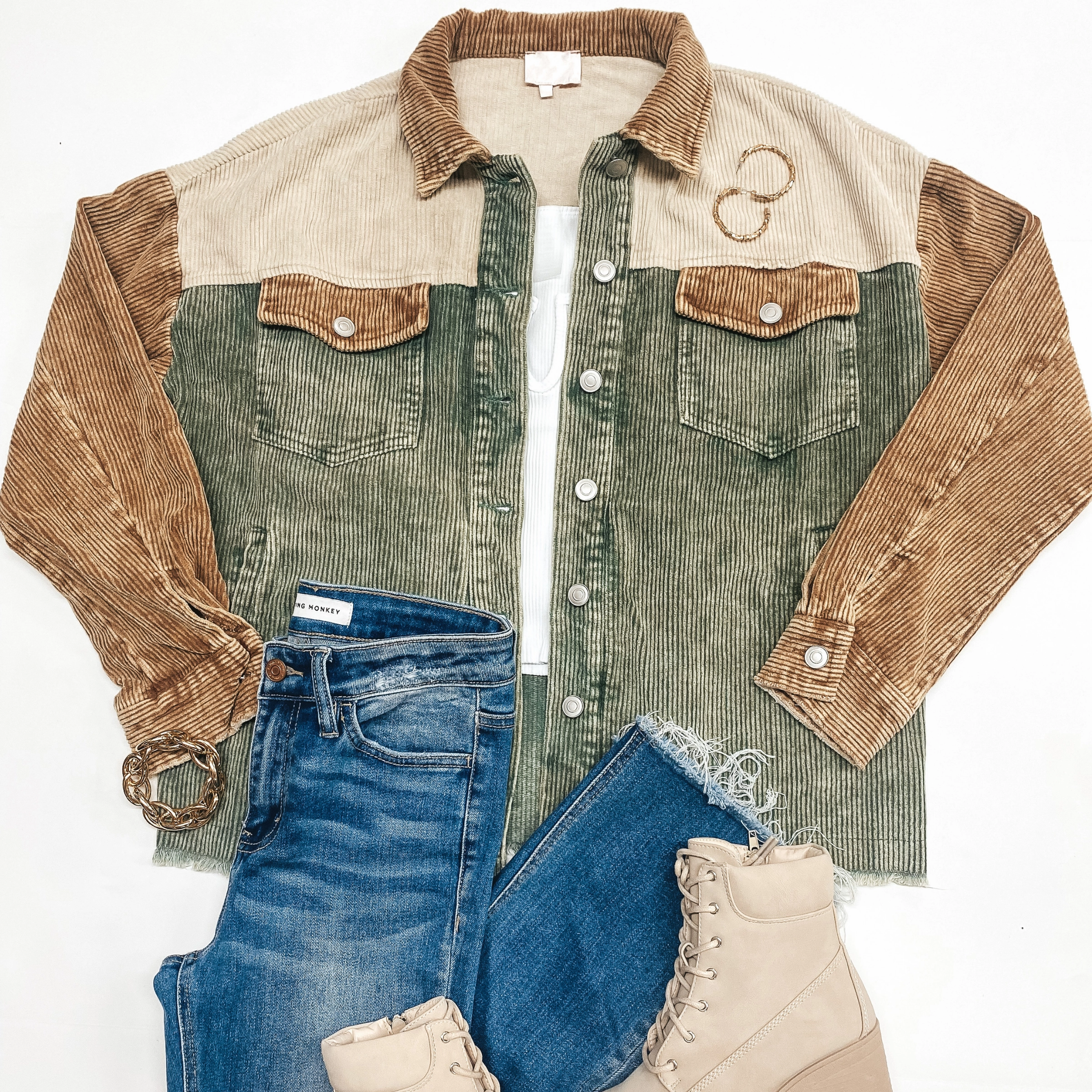 Keep The Peace Button Up Corduroy Shacket in Olive Mix Inner Glow