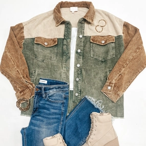 Keep The Peace Button Up Corduroy Shacket in Olive Mix Inner Glow