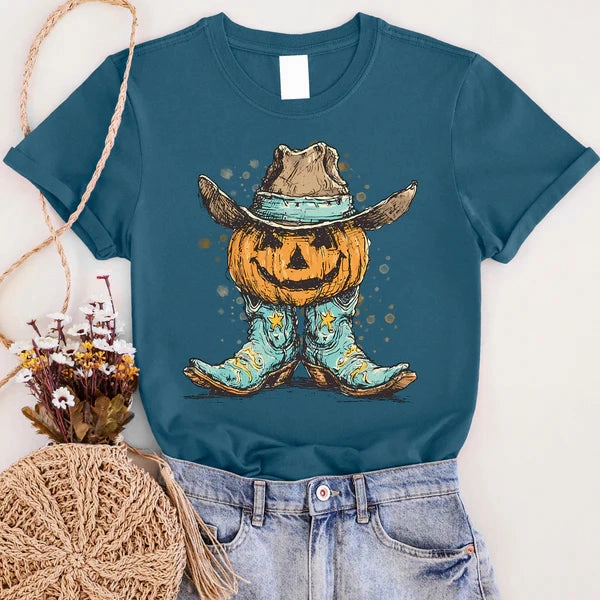 Online Exclusive | Short Pumpkin Cowboy Graphic on Short Sleeve Tee in Teal thermal