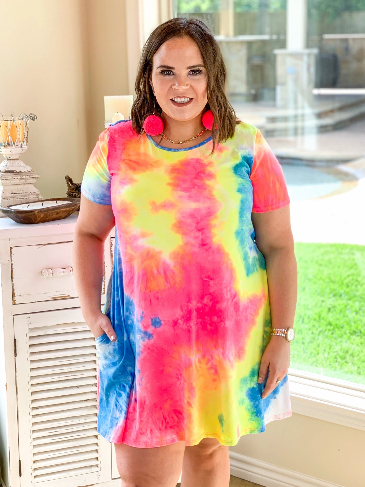 Last Chance Size Small & Medium | Sunny in LA Tie Dye Short Sleeve Dress in Pink and Yellow Flex Fit Hypoallergenic Fibers