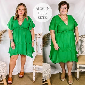 Last Chance Size Small, XL, 1XL | Movie Moment Ruffle Detailed V Neck Dress in Green American Ease