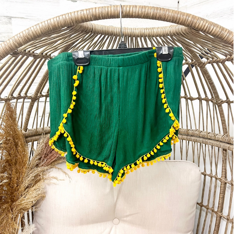 HighElasticity Gentle Glow Last Chance Size Large | Pom Pom Shorts in Green and Yellow