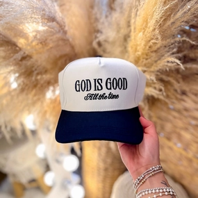 God is Good All The Time Two Tone Canvas Trucker Cap in Multiple Color Options EthicalProduction Flatlock stitching