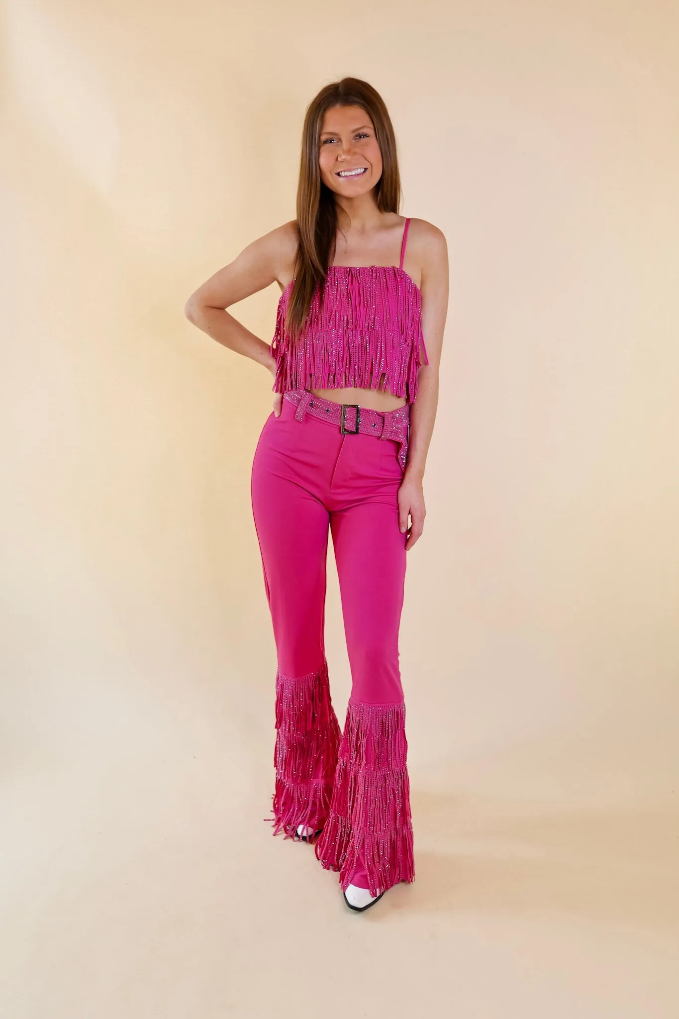 TwillWeave Fashionable Fit Last Chance Size Large | Cowboy Killer Crystal Fringe Crop Top in Pink