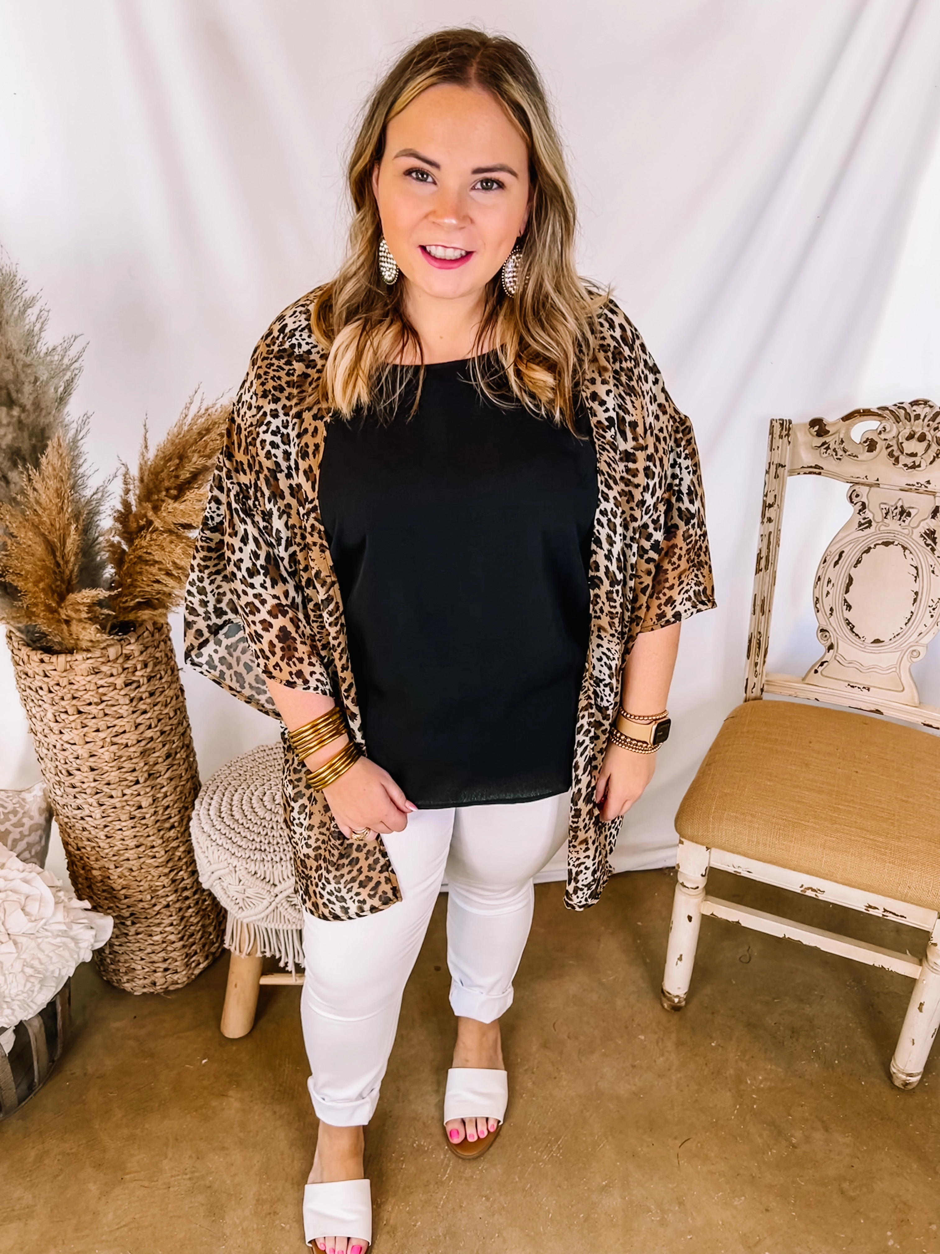 Forever Friends Leopard Print Short Sleeve Kimono in Brown Winter Apparel